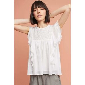 Maeve Anthropologie Callie Embroidered Lace Ruffle Blouse SML White Boho Cottage
